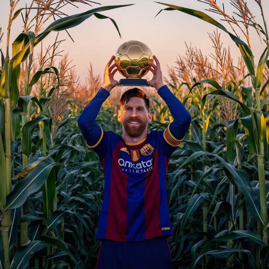 Lionel Messi qui est avec son ballon d'or dans un champ de maïs par ideogram