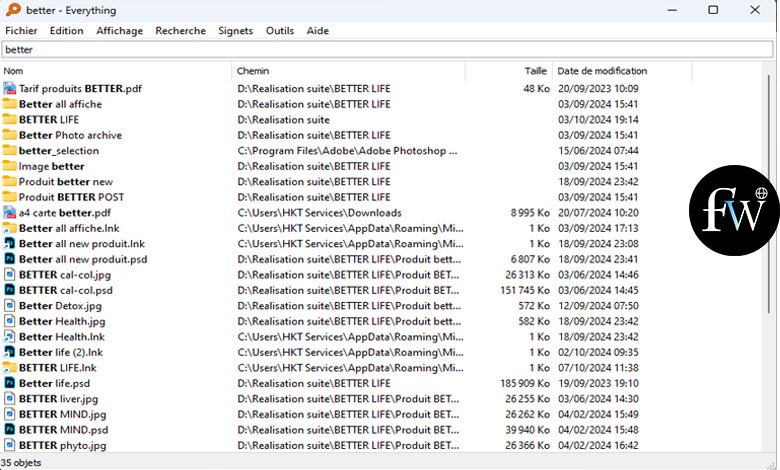 Rechercge du fichier "better" dans le logiciel Everything en quelques secondes