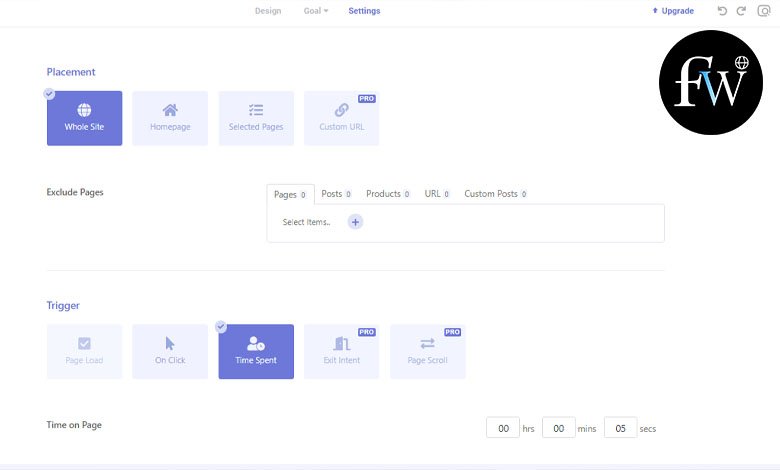 Configuration des actions de déclenchement du popup WordPress dans brave